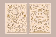 two christmas cards with gold foil lettering and ornaments on the front, side and back