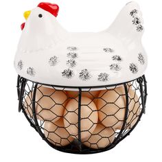 an egg basket with eggs in it and a chicken head on the top of it