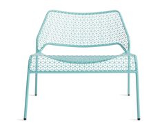 a blue plastic chair with an intricate design on the arm and back, against a white background