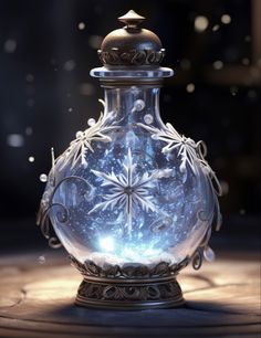 an ornate glass vase with snowflakes on it