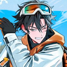 an anime character wearing goggles and holding his arms up in the air with snow behind him