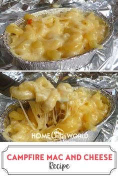 some food is being cooked in foil on top of each other and the words campfire mac and cheese recipe below it