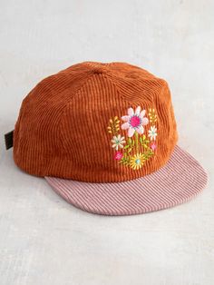 Corduroy Snapback - Folk Floral-view 1 Embroidered Hats For Men, Granola Embroidery, Short Summer Dress Outfits, Flat Bill Hats For Women Outfit, Granola Hats, Folk Outfits Aesthetic, Granola Hat, Cool Hats For Women, Cute Summer Hats