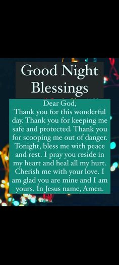 a card with the words good night blessing written in front of it and colorful lights behind it