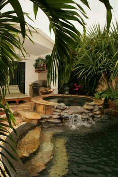 an outdoor pool surrounded by palm trees and water features a waterfall that flows into the pond