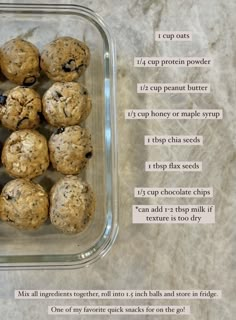 a container filled with chocolate chip cookies on top of a marble counter next to instructions for how to make them