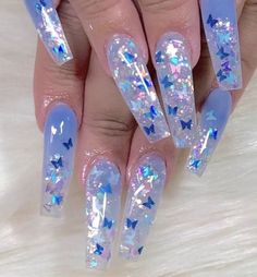 Butterfly Nails, Long Acrylic Nail Designs, Blue Acrylic Nails, Her Nails, Long Acrylic Nails Coffin, Nails Polish, Coffin Nails Long, Acrylic Nails Coffin Short, Summer Acrylic Nails