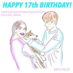 a drawing of a man holding a dog in his lap with the caption happy 17th birthday