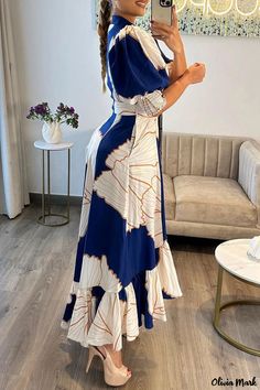 Olivia Mark - Asymmetrical Turndown Collar Long Dress with Casual Print Design Floral Print Dress Long, Dress Sleeve Styles, Half Sleeve Dresses, Floral Print Maxi Dress, Long Summer Dresses, Ruffle Hem Dress, Floral Print Maxi, Turndown Collar, Hip Dress