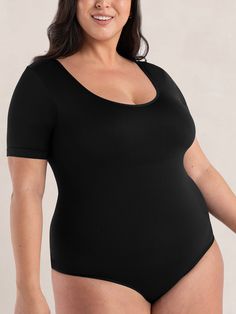 Shapermint Essentials All Day Every Day Short Sleeve Bodysuit Plus Size Bodysuit, Bodysuit Tops, Shapewear Bodysuit, Comfortable Bras, Women's Shapewear, Plus Size Top, Short Sleeve Bodysuit, Sleek Look, Black Bodysuit