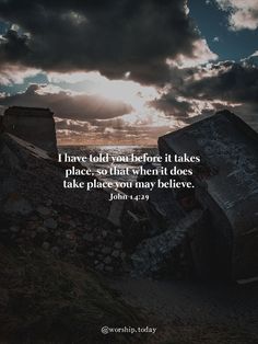 an old truck sitting on top of a hill under a cloudy sky with the words i have told you before it takes place, so that they didn't does take place