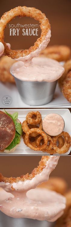 two pictures showing the process of making fry sauce for fried meats and pretzels