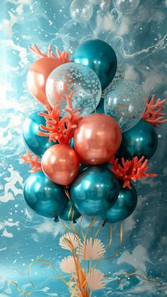 an image of balloons floating in the air with corals and seaweed on them