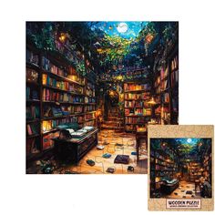 a painting of a library with bookshelves full of books and lights on the ceiling