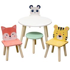 PRICES MAY VARY. Animal Table and Chair Set - Includes 1 table, 3 chairs for kids, and 1 stool that is sturdy and comfortable enough for adults to join in on the fun- play right alongside your child! For Ages 3+. Adorable chair seats feature a Tiger, Panda and Fox design Playset is great for home furniture, dining room table for kids, or for a playroom. Also great for daycares or schools to use as an activity center for arts & crafts, reading, learning and more Made from pinewood and non-toxic p Kids Wooden Chair, Animal Table, Kids Wooden Table, Kids Table Chair Set, Toddler Table And Chairs, Toddler Table, Craft Storage Furniture, Activity Center, Preschool Arts And Crafts