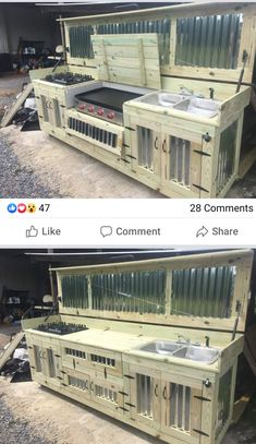 two wooden cabinets sitting next to each other on top of gravel covered ground and one has an oven built into it