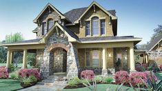 this is an artist's rendering of a house with stone and brick accents on the front