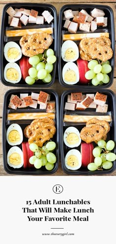 four trays filled with different types of food and the words deli style protein box