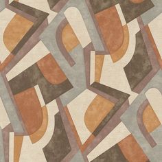 an abstract painting with various shapes and colors on the surface, including brown, orange, gray