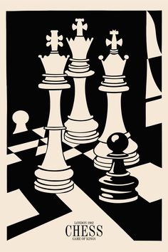 a black and white poster with chess pieces