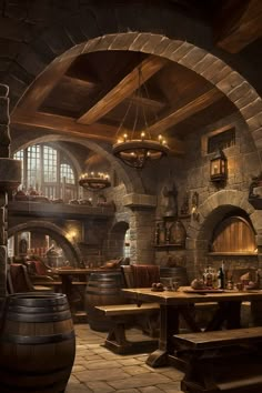 an old fashioned tavern with wooden barrels and tables in front of the fireplace, surrounded by stone arches