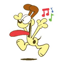 a cartoon dog jumping up into the air with music notes in his ears and feet