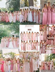 the bridesmaids in pink dresses are posing for pictures