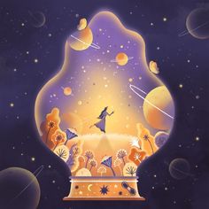 an image of a person standing in front of a glass ball with planets and stars on it