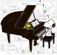 a snoopy playing the piano with music notes on it and an image of a dog sitting