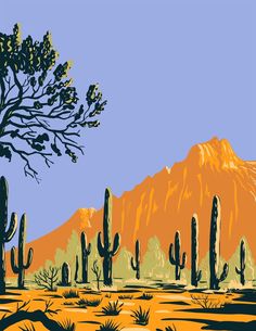 a desert scene with cactus trees and mountains in the background