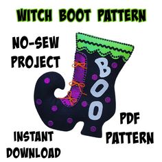 a black boot with purple and green trim is featured in this halloween sewing pattern for boots