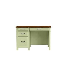 a green desk with two drawers and a wooden top