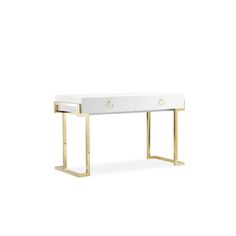 a white and gold console table with two drawers on each side, one drawer open