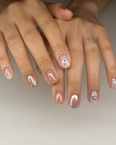 Colorful Micro French Nails, Shorter Gel Nails, Korean Style Nails Short, Short Esthetician Nails, Silver Chrome Nail Ideas, Japanese Manicure Design, Funky Bridal Nails, Nail Art On Short Natural Nails, Small Nail Bed Nails