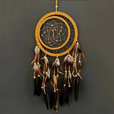 an image of a dream catcher hanging on the wall in front of a gray background