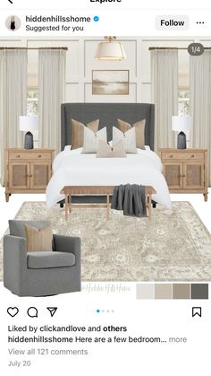 the bedroom is decorated in shades of gray and white, with neutrals on the walls