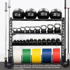 a rack filled with kettles and weight plates