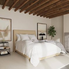 a large bed sitting under a wooden ceiling next to a fire place in a bedroom