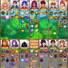 the game's menu screen shows many different items, including fruits and vegetables for each character