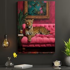 a painting of a leopard laying on a pink couch next to a potted plant