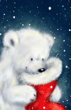 a painting of a polar bear holding a red ball in its paws and snow falling on the ground