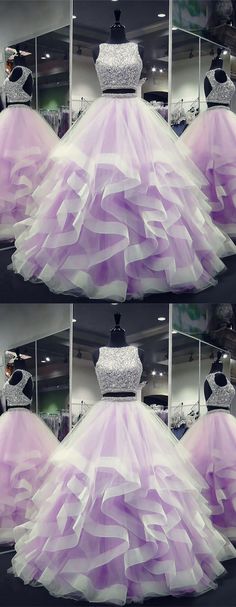 Prom Dress Two Piece, Dresses Two Piece, Crystal Prom Dress, Beaded Dresses, Quinceañera Ideas, Ruffle Prom Dress, Purple Prom Dress, Prom Dresses Two Piece