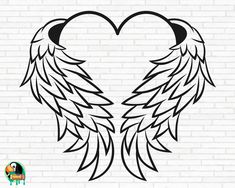 two wings in the shape of a heart with black outline on a white brick wall