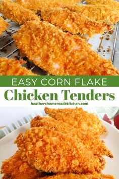 fried chicken tenders on a white plate with text overlay that reads easy corn flake chicken tenders