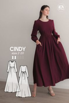 Cindy Dress Pattern Pullover Dress Patterns, Pride And Prejudice Sewing Pattern, Dress Patterns Modest, Old Fashioned Dress Patterns, Sew Long Sleeve Dress, Long Sleeve Milkmaid Dress, Pattern Of Dress, Sewing Projects For Around The House, Womens Clothing Patterns Free