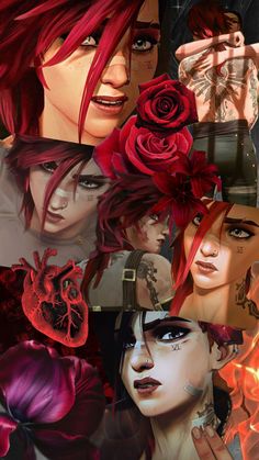 A collage featuring pictures of Vi from Arcane adorned with flowers in varying shades of red Arcane Collage, Vi Arcane, Lord And Savior, A Collage, Our Lord, Collage