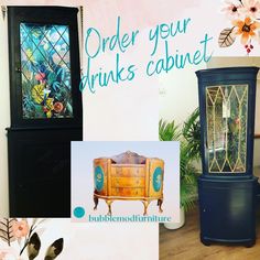 there is a cabinet with flowers on it and other items in front of the wall