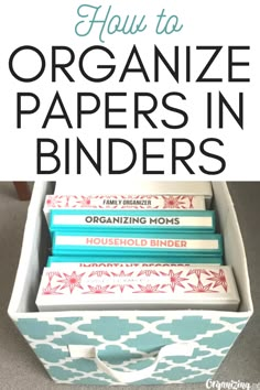 an organized drawer with the words how to organize papers in binders on top and below