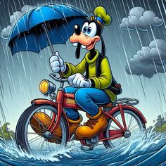 a cartoon character is riding on a bike in the rain