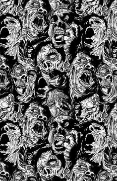 black and white drawing of many faces with mouths open in the center, on a black background